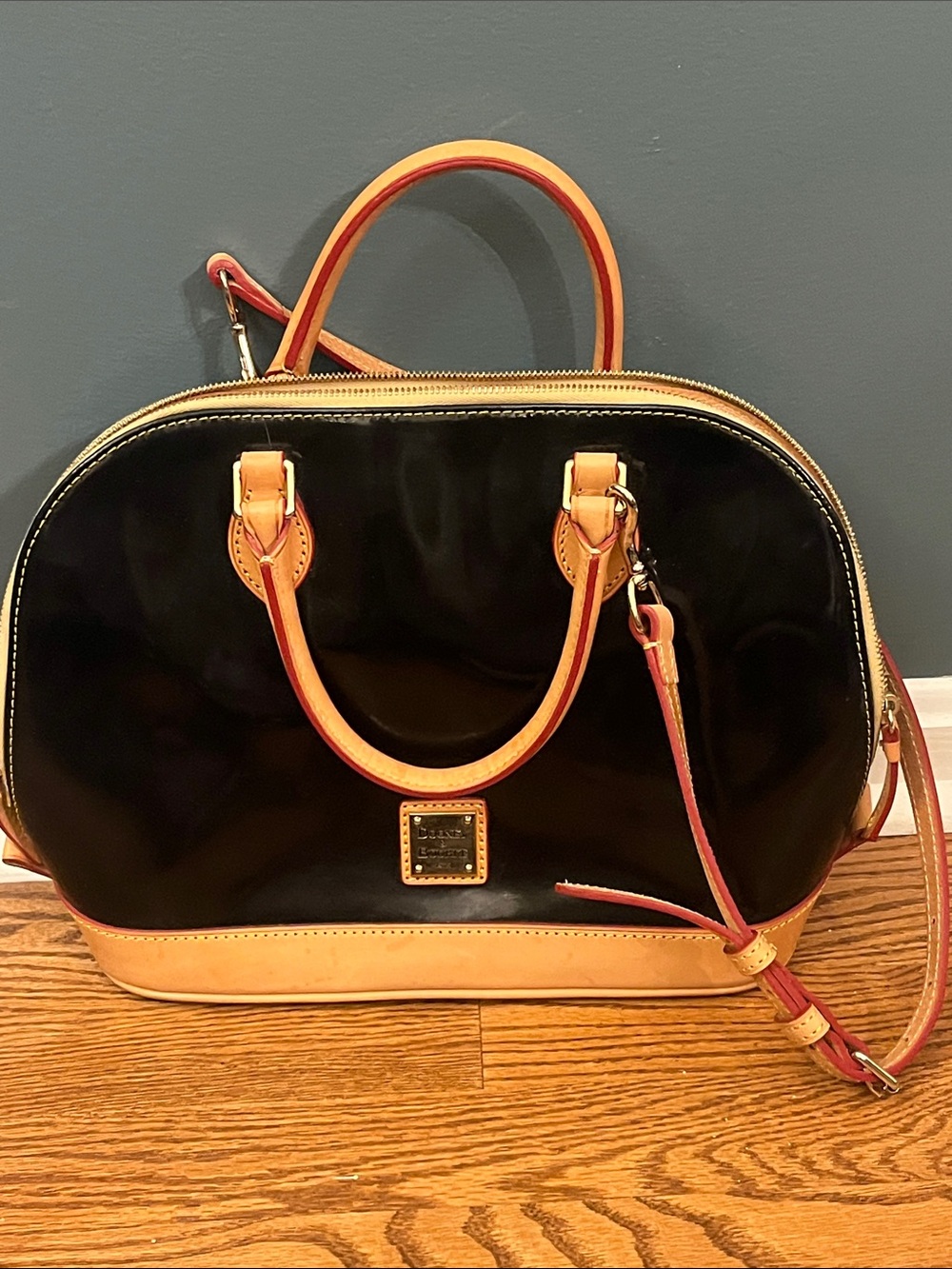 Dooney & Bourke Black Patent / Tan Leather Zip Satchel with COA
